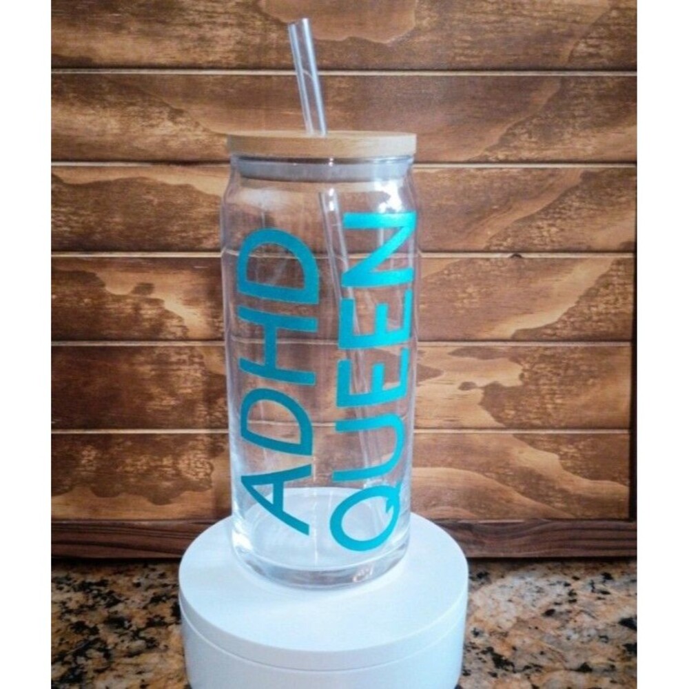 ADHD Queen 20oz Glass Cup Funny Iced Coffee Cup Bamboo Lid Glass Can ADHD Humor